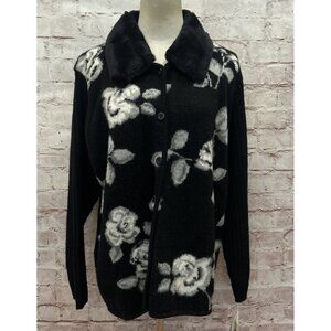Susan Bristol Cardigan Plus 2W Wool Black Floral Detach Faux Fur Collar NEW